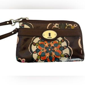 FOSSIL Keyper Coated Vinyl Wristlet Zip Wallet Brown Orange Floral